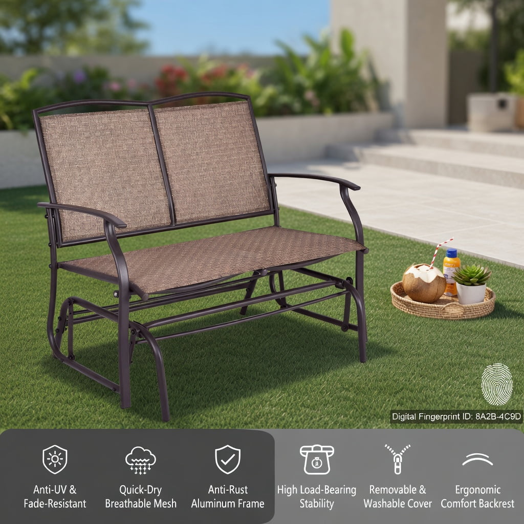 Hommoo Outdoor Steel Rocking Loveseat Chair, Textilene Seat, Backyard & Patio Relaxation Furniture, Brown