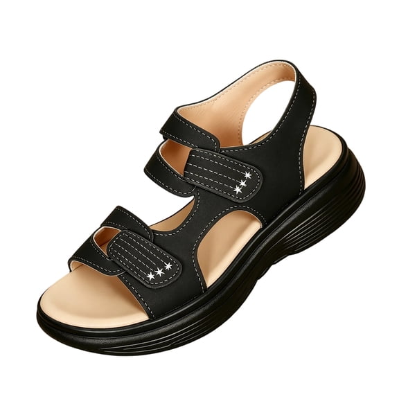 Orthopedic Sandals for Women with Arch Support Wide Feet Comfortable Strappy Adjustable Hook and Loop Fasteners Breathable Casual Summer Shoes for Beach Walks and Daily Wear,Black 38(US-7)