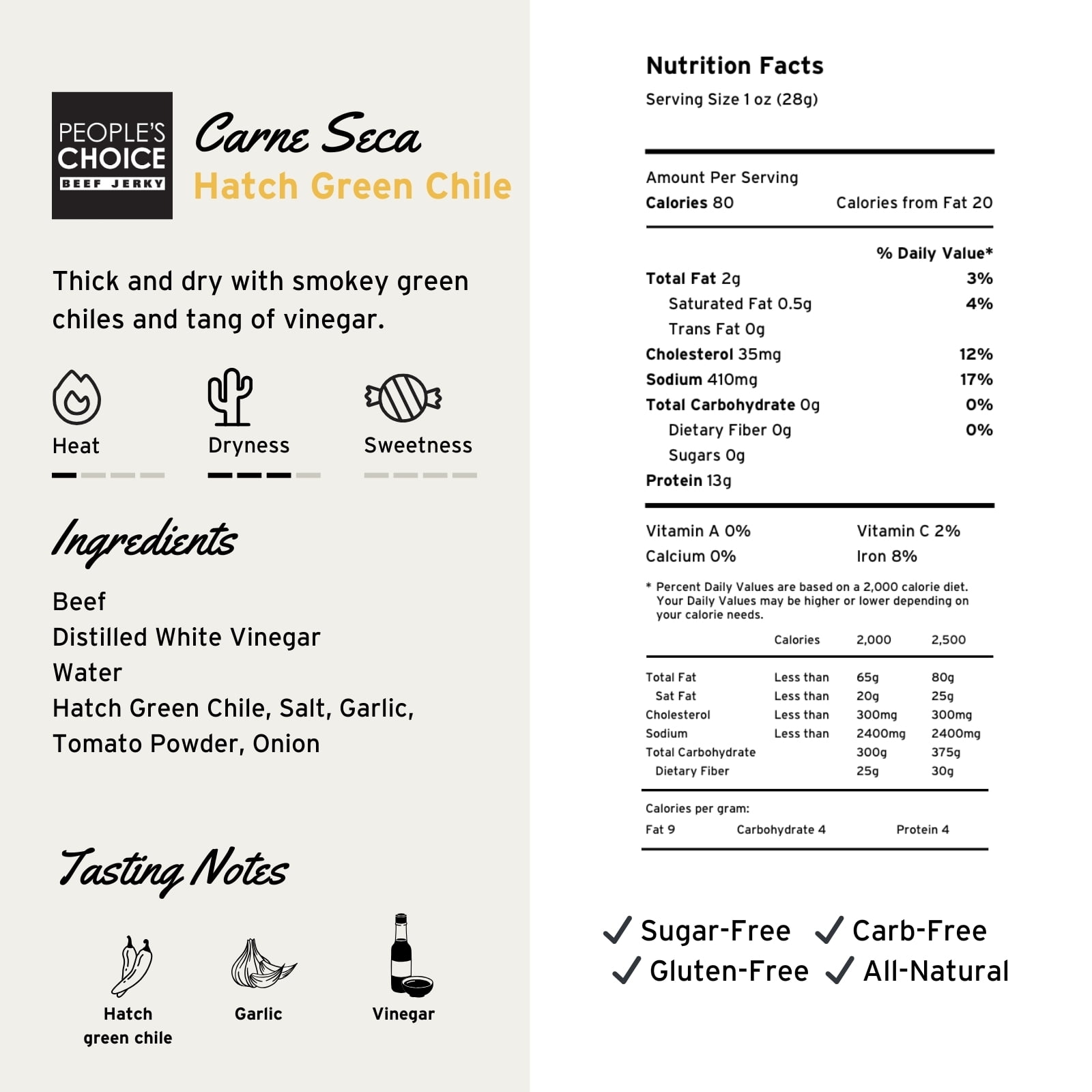 People's Choice Beef Jerky Carne Seca Hatch Green Chile - Sugar Free, Low Carb - 1 Lb Bag