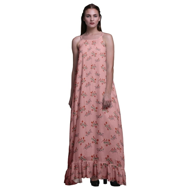 Bimba Robe de Nuit Imprimée Rose Saumon Oiseau Baies Rouges et Bulbul pour Femmes Nuisette à Bretelles Spaghetti Robe Maxi Vêtement de Nuit XXX-Large