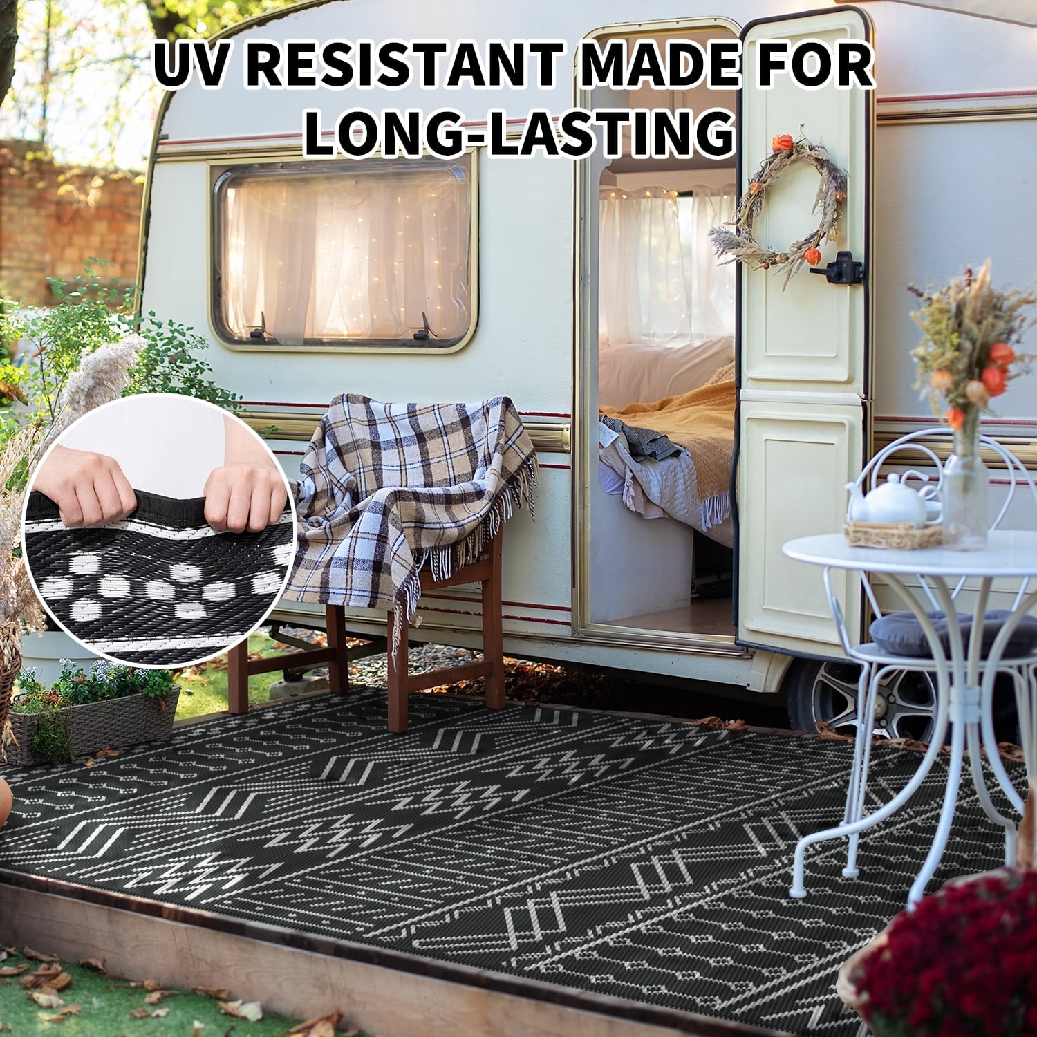 SIXHOME Outdoor Rug 5'x8' Waterproof Patio Rug Reversible Indoor Outdoor Rug Lightweight Plastic Straw Rug for RV Camping Deck Balcony Boho Porch Decor Dark Grey and White