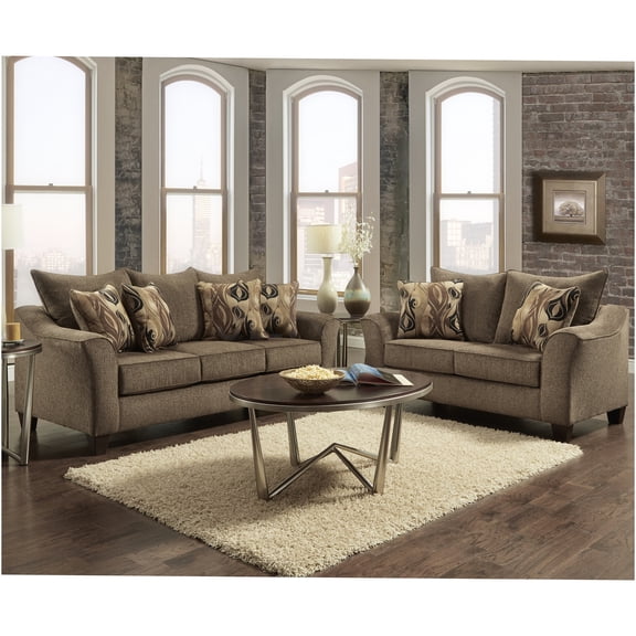 JERFIT Camero Contemporary 2-Piece Living Room Set, Sofa and Loveseat with Pillow Back, Brown Fabric for 5-Person Seating