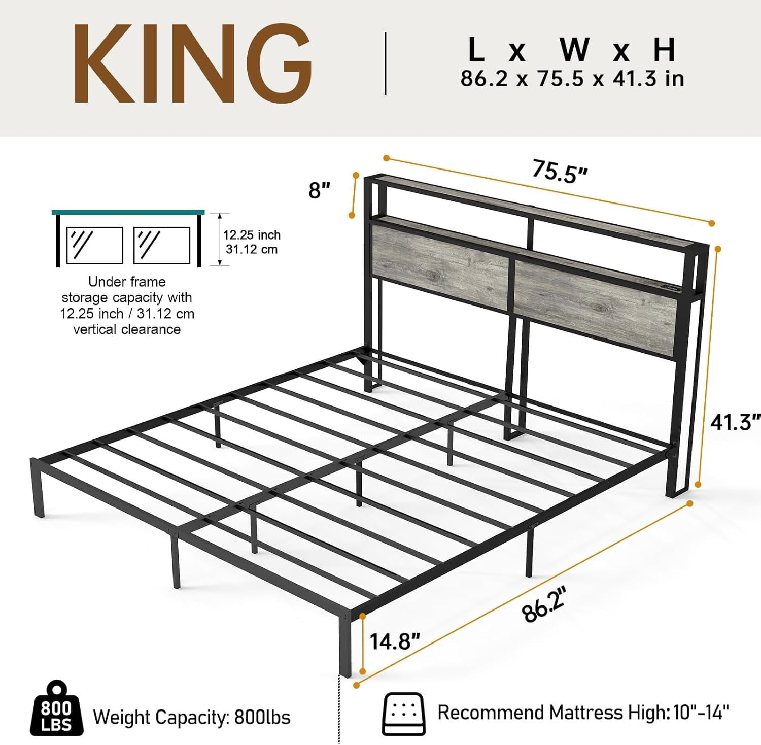 DRNANLIT King Size  Bed Metal Platform Bed Frame with LED Lights Storage Headboard＆Charging Station,Noise Free, Easy Assembly, Rustic Grey