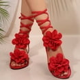 thumbnail image 3 of Gladiator Sandals for Women Solid Color Flower Strappy Lace up Open Toe Flat Shoes Summer Beach Vacation Casual Footwear Red Size 10.5, 3 of 7