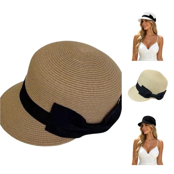 Unir Casual Newsboy Straw Hat for Women, Short Brim with Bow Detail, Lightweight Summer Sun Hat, 1 Piece, One Size