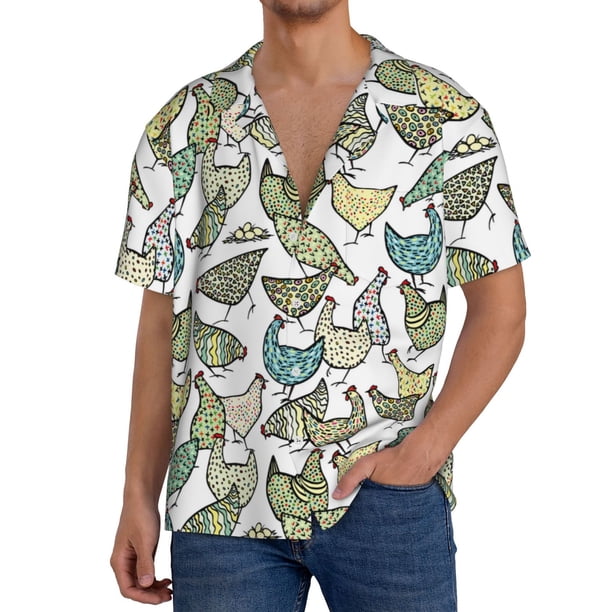 Balery Funny Chicken Camisa Casual de Manga Corta con Botones para Hombre, Texturizada, Estilo Cubano, para Playa, Verano-Medium