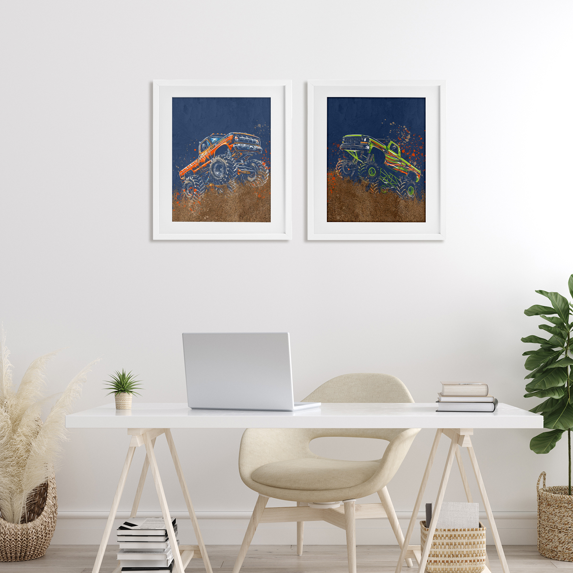 Monster Truck Jam 2 Piece White Framed Print Under Glass Set, design by Kim Allen