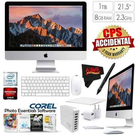 Apple iMac MMQA2LL/A 21.5 Inch, 2.3GHz Intel Core i5, 8GB RAM, 1TB HDD, (Silver) 2017 Model + 7 Port USB Hub (White) + Travel USB 5V Wall Charger for iPhone/iPad (White)