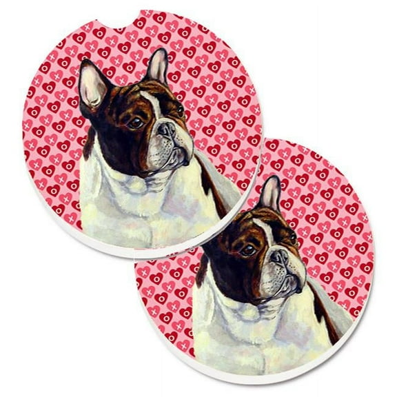 French Bulldog Hearts Love & Valentines Day Portrait Set of 2 Cup Holder Car Coaster