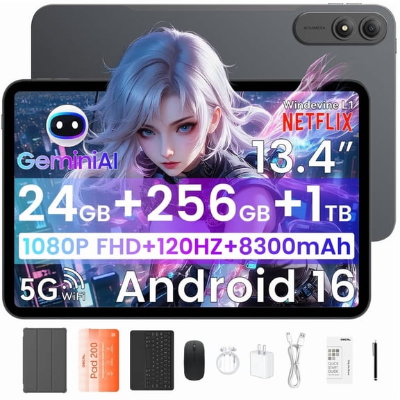 OSCAL 2026 13.4" AI Tablet, Android 16, 24GB RAM 256GB ROM, 1TB Expand, T7280 Octa-Core CPU, 8 16MP Camera, 8300mAh, 5G Wifi, Gemini Al Tablet with Keyboard & Mouse, Black