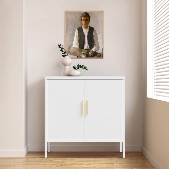 GUTALOR Metal Storage Cabinet with 2 Doors and 2 Adjustable Shelves, Steel Lockable Garage Storage Cabinet, Metal File Cabinet for Home Office School Gym, White