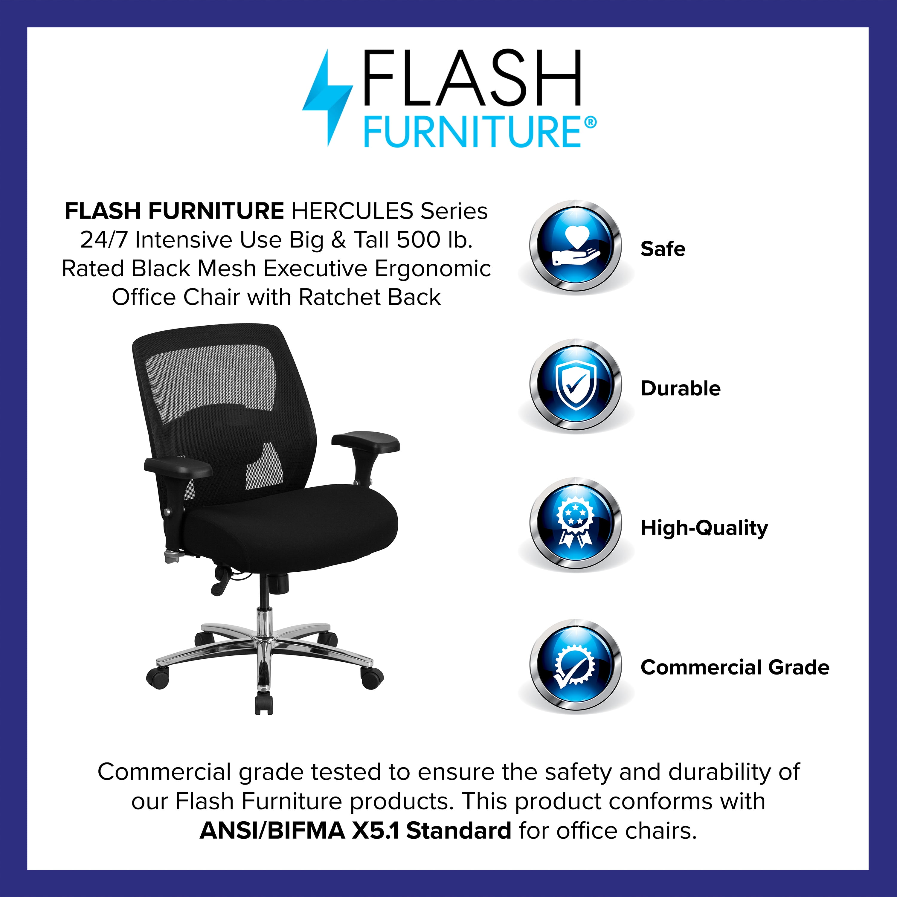 BizChair 24/7 Intensive Use Big & Tall 500 lb. Rated Black Mesh Executive Ergonomic Office Chair with Ratchet Back