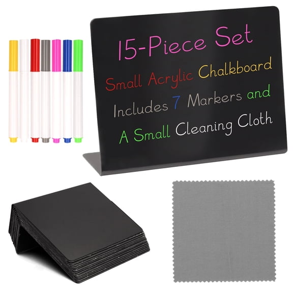Style-Carry 15 Packs Acrylic Mini Chalkboard Table Tent Signs, 3.94"x7.5" With Markers & Cleaning Cloth, Reusable for Party Buffet Wedding Table Number Place Cards