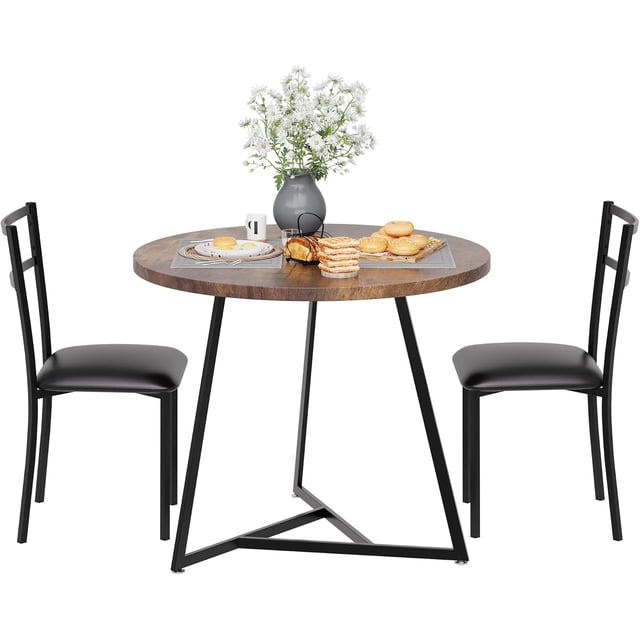 Round dining mesa set para 2 - 3-piece circle dining set con 2 forrado sillas para kitchen, apartment, y small spaces (brown)