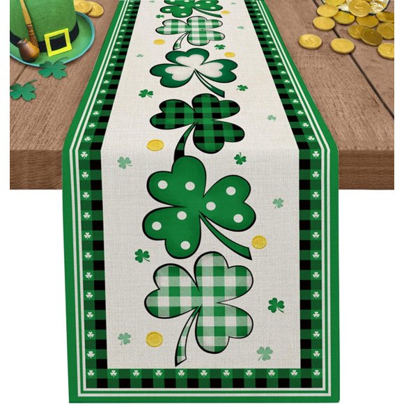 St Patricks Day Table Runner Buffalo Plaid Shamrock Holiday Table Runners for Kitchen Dining Table Party, Farmhouse Decor Lucky Burlap Table Runners 70 Inches Long, St Patricks Day Decorations 13x70in