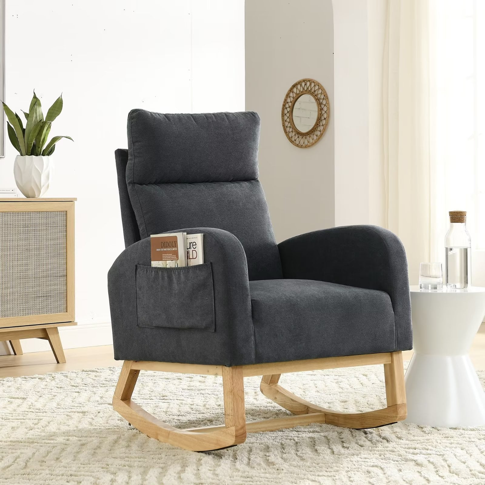 Accent Rocking Chair, Modern Fabric Armchair with High Backrest and ...
