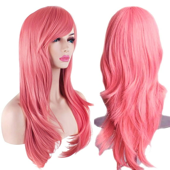 28" 70cm Fashion Wigs Long Wavy Curly Hair Cosplay Wig and Wig Cap (Pink)