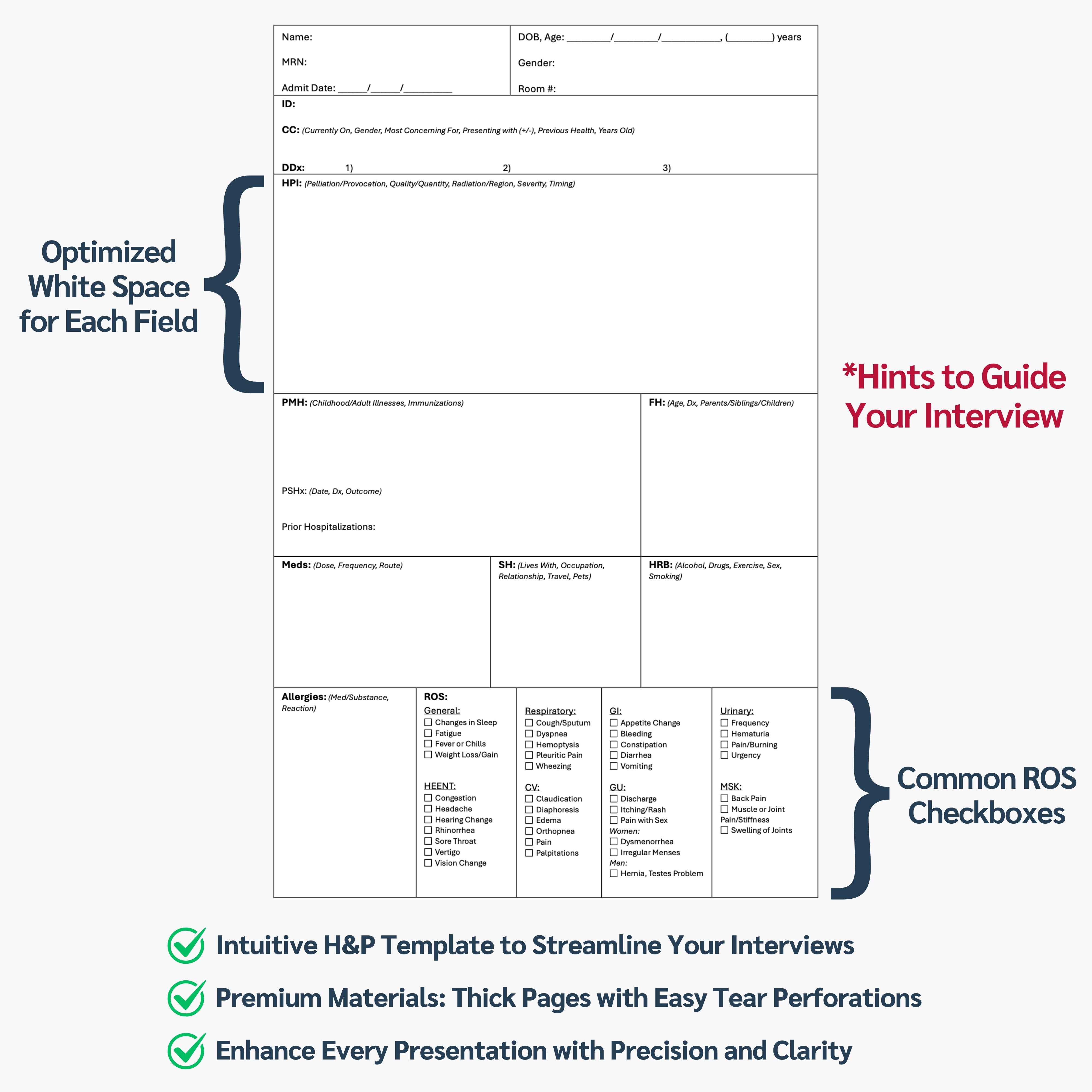 H&P Notebook: 110 Perforated Medical History & Physical Templates, 2-Page View, Spiral-Bound, Pocket Size 8.5"x5.5", Includes Medicine Reference Sheet, Ideal for Students & Professionals - 1 Pack