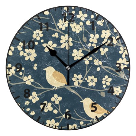 Sparrows on Blooms Wall Clock Modern Small Clock Black Hands for Office, Home, Bedroom,School 9.84in