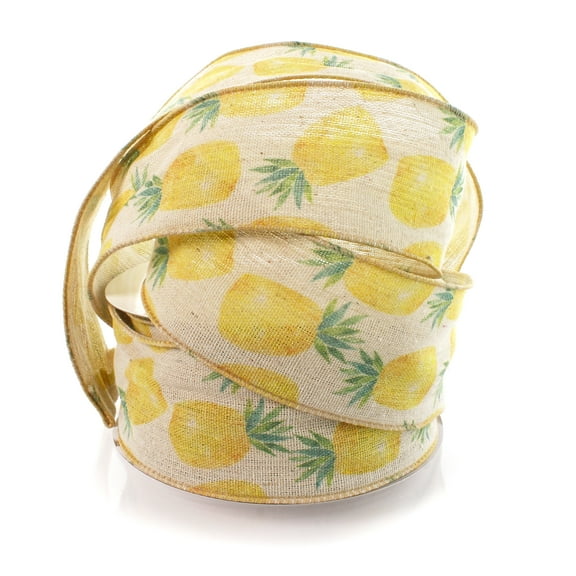 2 1/2" Wired Ribbon Watercolor Pineapple Burlap 25yds