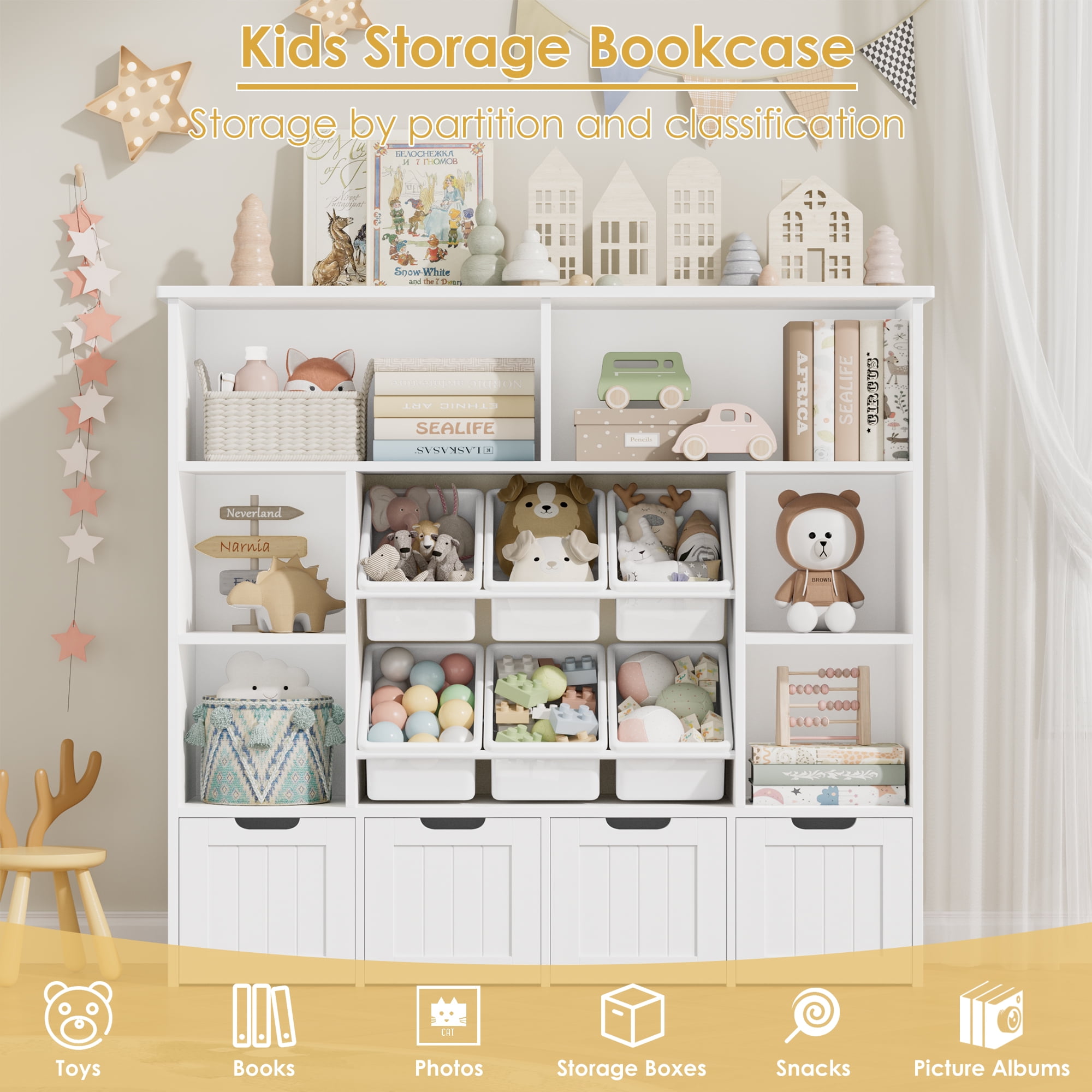Hiphuta Large 4 Tier Kids Bookcase, Wood Toy Organizer of 6 Boxes & 4 Removable Drawers, Bookshelf for Kids Room Classroom, White