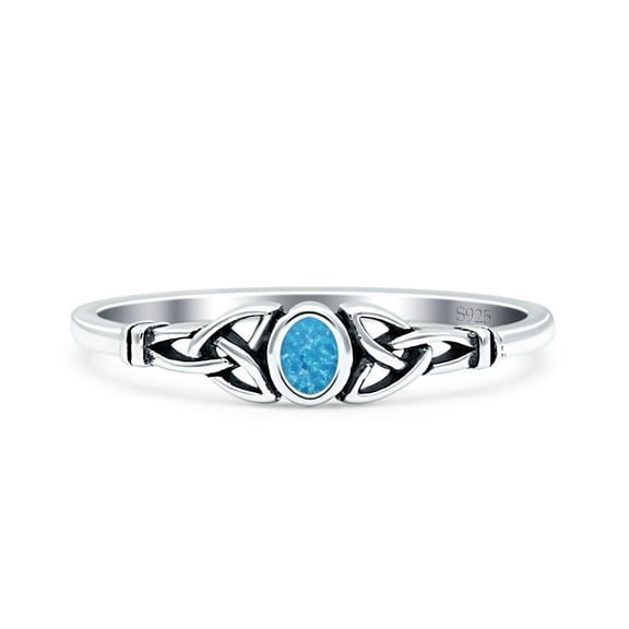 Weave Trinity Celtic Oval Lab-Created Blue Opal Ring Band 925 Sterling Silver Size 4