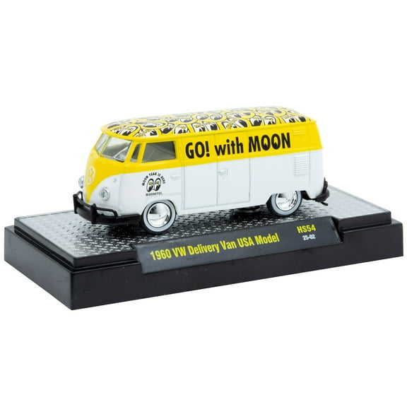 1960 Volkswagen Delivery Van USA Model "MoonEyes" White and Yellow with Top Graphics and White Interior Limited Edition to 5236 pieces Worldwide 1/64 Diecast Model Car by M2 Machines