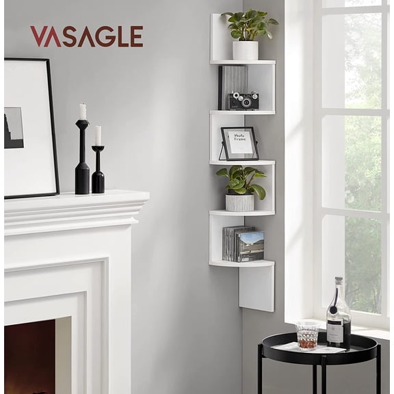 VASAGLE Estantería Esquinero, Librería Estantería, Estante de Pared Flotante de 5 Niveles con Diseño en Zigzag, Estantería para Libros, Blanco