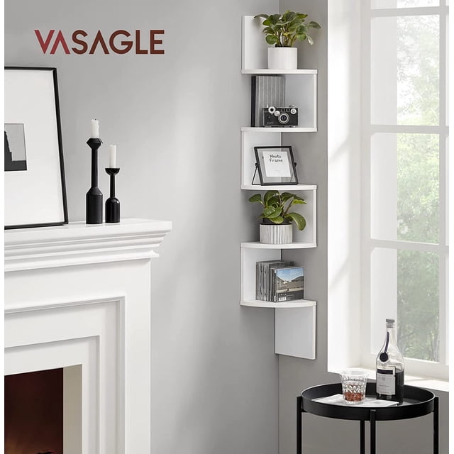 VASAGLE Estantería Esquinero, Librería Estantería, Estante de Pared Flotante de 5 Niveles con Diseño en Zigzag, Estantería para Libros, Blanco