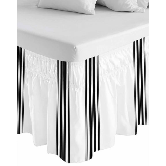 Black White Stripe, Wrap Around Bed Skirts for Queen Bed 16" Drop, Bed Skirt with Adjustable Elastic Belt Dust Ruffle Bed Valance for Bedroom Hotel Luxury Abstract Geometric Bed Frame Cover