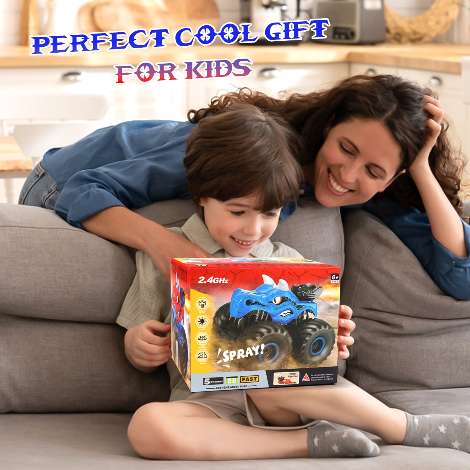 Huge Wave Dinosaur Remote Control Car, 2.4GHz RC Monster Trucks Toys with Spray, Light & Sound, All Terrain RC Cars Toys Christmas Birthday Gift,Blue