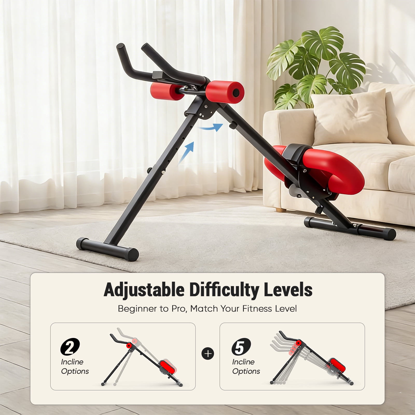 SHOUFTW Adjustable Ab Machine for Home Gym, Foldable Ab Workout Equipment with Knee Protection & LCD Monitor, Core & Stomach Trainer, Black Red
