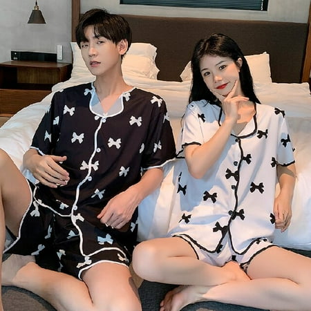 

PIKADINGNIS Silk Pajamas Young Lover Pajamas Fake Silk Women Short-sleeve Summer Pyjama Loose Home Couple Pijama Set Soft Men Sleepwear Top