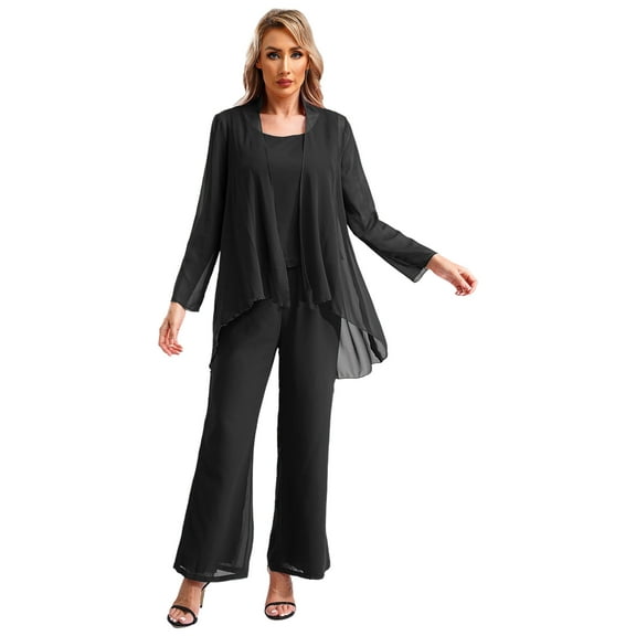 Aislor 3 Pieces Pantsuits for Women Dressy Outfit Mother of The Bride Clothing Set Pants Vest with Cardigan Black L