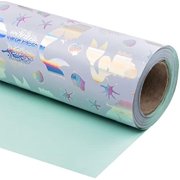 Reversible Wrapping Paper - Mini Roll - 17 Inch X 33 Feet - Mermaid with Colorful Foil Design for Kid's Birthday, Party, Baby Shower