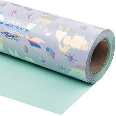 Reversible Wrapping Paper - Mini Roll - 17 Inch X 33 Feet - Mermaid with Colorful Foil Design for Kid's Birthday, Party, Baby Shower