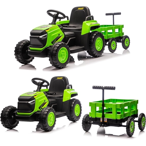 QinaQin 12V Ride on Tractor with Detachable Garden Cart,Electric Vehicle Remote Control with Trailer for Ages 3–8,Max Load 66 Lbs,Up to 2.5 Mph,Battery-Powered 8-Wheel,Green