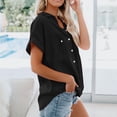 thumbnail image 5 of Women's Solid Color Short Sleeve Shirt 2026 V Neck Lapel Button Down Blouse with 2 Pockets Casual Loose Fit Top for Office Summer Outfit, 5 of 9