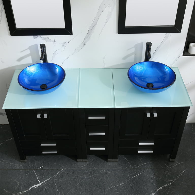 Wonline 60 inch Black Round Double Vessel Sink Vanity Cabinet Tempered Glass Top w/ Mirror, Size: 24.4, Blue