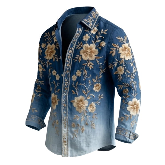 Akmaiox Floral Print Long Sleeve Shirts for Men Button Down Collared Vintage Boho Tops Casual Regular Fit Beach Holiday Shirts