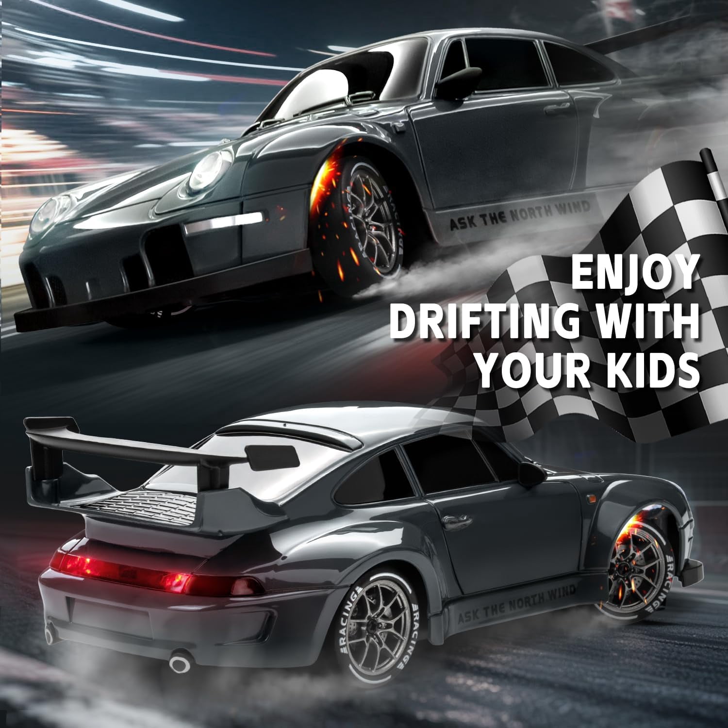 Track Seven RC Drift Car, 1:24 Scale Remote Control Vehicle with LED Lights, 2.4GHz 20KM/H 4WD High Speed RC Cars, Drifting Tires＆Two Batteries, Racing Sports Toy Idea Gift for Adults Boys Girls
