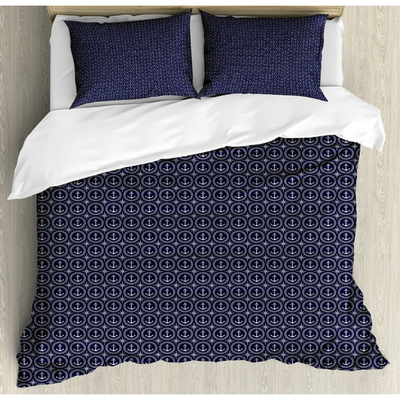 Navy Blue Duvet Cover Set Queen Size, Windrose Anchor Circular Rope Icon Nautical Composition Marine Illustration, Decorative 3 Piece Bedding Set with 2 Pillow Shams, Dark Blue White, by Ambesonne