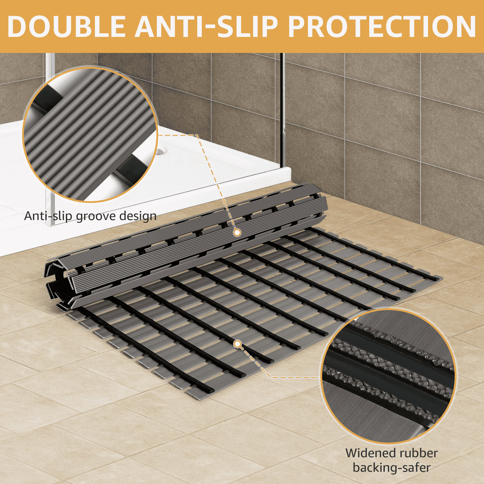 Yolife Extra Large PVC Shower Mat, 35.4x24 inch Non-Slip Bath Mat with Quick Drain, No Suction Cups, Easy to Cut & Store for Tub, Stall, Spa,Dark Grey