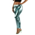 thumbnail image 6 of OFENTI Metallic Shiny Leggings - Mid Waist Faux Leather Footless Tights Pants Wet Look Skinny Glamour Blue Small, 6 of 6