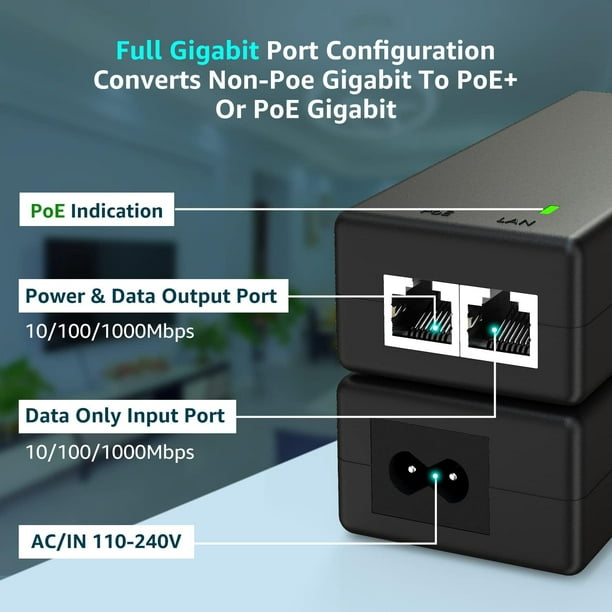 Gigabit PoE Injector Adapter, PoE+ Injector 30W ，Gigabit Power Over  Ethernet Plus Injector，10/100/1000Mbps IEEE 802.3af/at Compliant, Up to 100  Meters