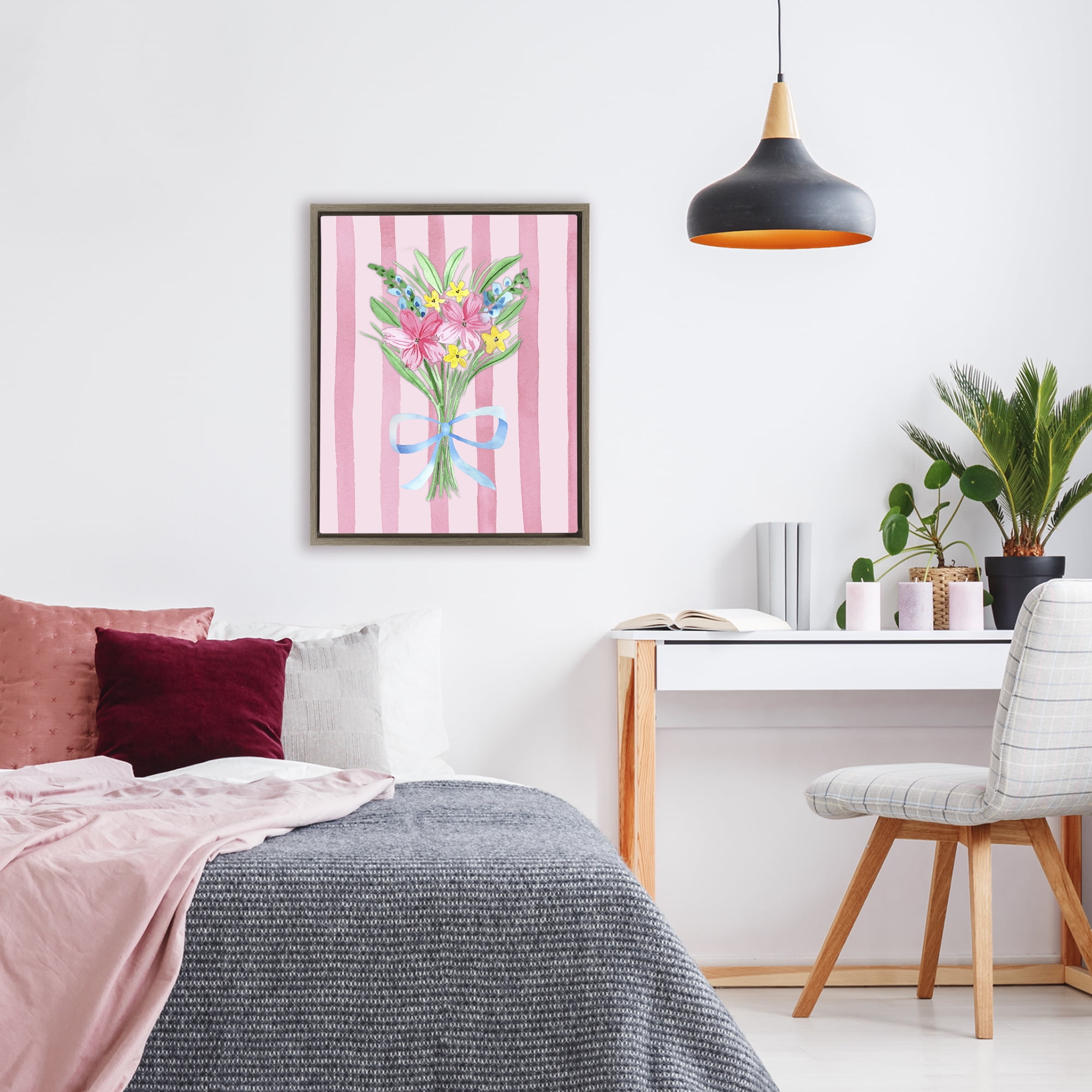 Spring Bouquet Pink & Blue Brown Framed Floater Canvas Wall Art, design by Nina Jacobs