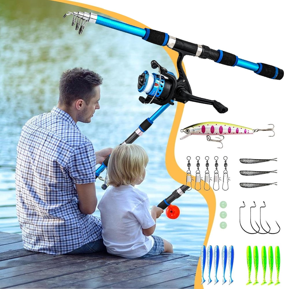 Jercoda Fishing Rod Kit with Tackles, Telescopic Fishing Pole and Reel Cambo Set,  Fishing Set with Spinning Reel, Portable Fishing Accessories with Storage Bag for Beginners Youth, Blue