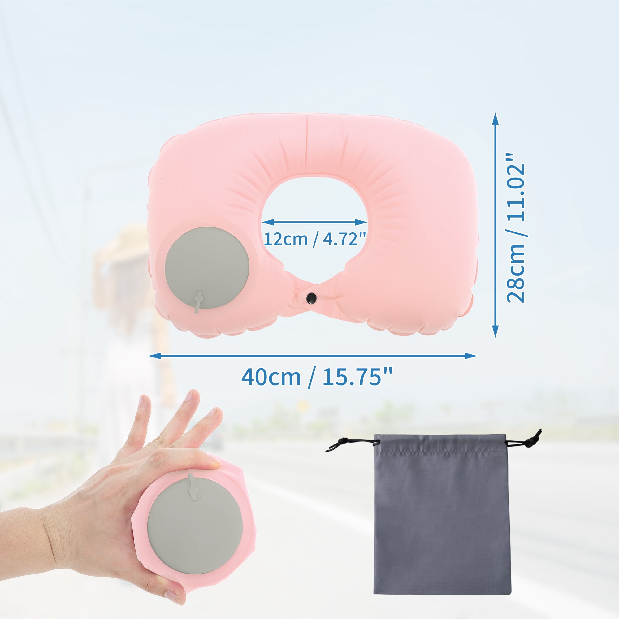 Unique Bargains Travel Pillow Press to Inflate Neck Pillow Light Pink 15.75"x11.02"