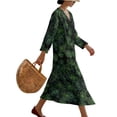 thumbnail image 3 of DISNIMO Maxi Dresses for Women Leaf Print Casual 3/4 Sleeve Dress Linen Style V Neck Shift Dress Fashion Loose Fit Midi Dresses, S, 3 of 6