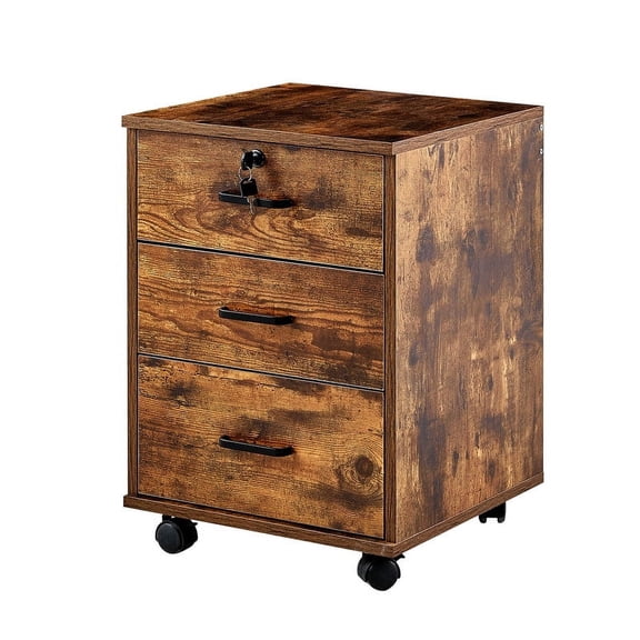 Clipop 3 Drawers Mobile File Cabinet,Lockable Wooden Rolling Filing Cabinet,A4 Sized Documents,Brown